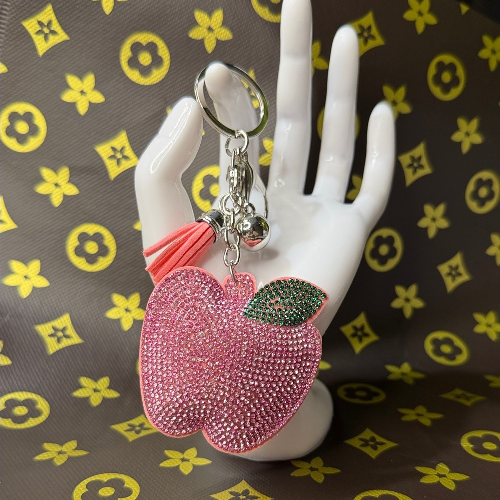 Pink Crystal Apple Puffy Keychain/Bag Charm with Coral Tassel